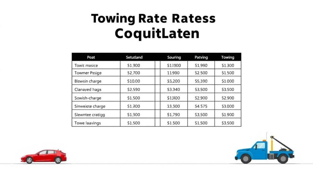 A detailed breakdown of towing rates in Coquitlam, with a clean, minimalist design. A simple, modern table presents the various fees and charges, arranged in a grid-like layout against a soft, muted background. The table features distinct columns and rows, with clear labels and numerical values, conveying the information in an organized and easy-to-understand manner. The overall mood is professional, informative, and visually appealing, complementing the subject matter and the article's tone.