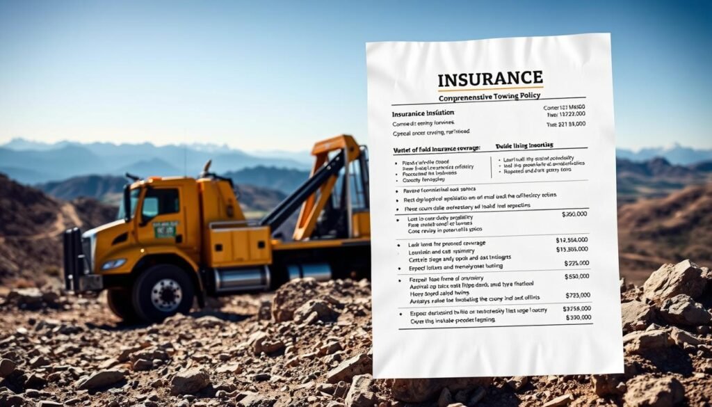 A detailed image showcasing the insurance costs for off-road towing services. In the foreground, a heavy-duty tow truck, its yellow and black chassis gleaming, is parked on a rugged, rocky terrain. In the middle ground, a comprehensive insurance policy document is prominently displayed, highlighting the various coverage options and associated premiums. In the background, a panoramic view of a mountainous landscape, with winding off-road trails and the silhouettes of distant peaks. The lighting is crisp and clear, capturing the scene in a realistic, documentary-style manner. The overall mood is one of professionalism and attention to detail, emphasizing the importance of proper insurance coverage for the demanding world of heavy-duty towing.