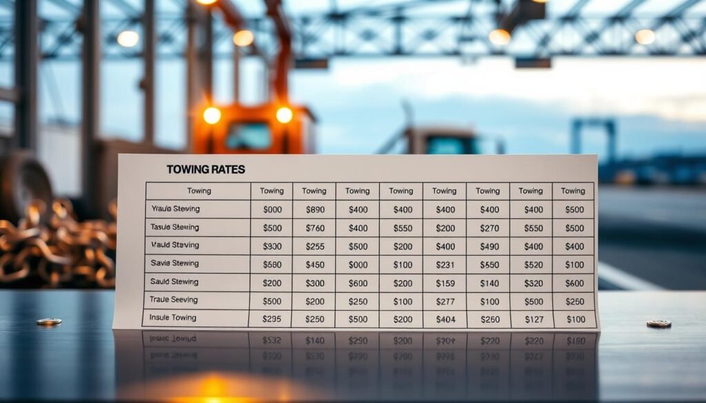 A detailed table showcasing various towing rates and additional costs, displayed on a sleek metal surface illuminated by warm, focused lighting. The foreground features a clear, legible breakdown of the different service tiers and associated fees, presented in a clean, minimalist typographic style. The middle ground depicts various towing equipment, such as heavy-duty chains and hooks, subtly hinting at the practical nature of the services. The background gradually fades into a softly blurred industrial landscape, evoking a sense of professionalism and reliability. The overall composition conveys a sense of transparency and attention to detail, reflecting the comprehensive nature of the towing service offerings.