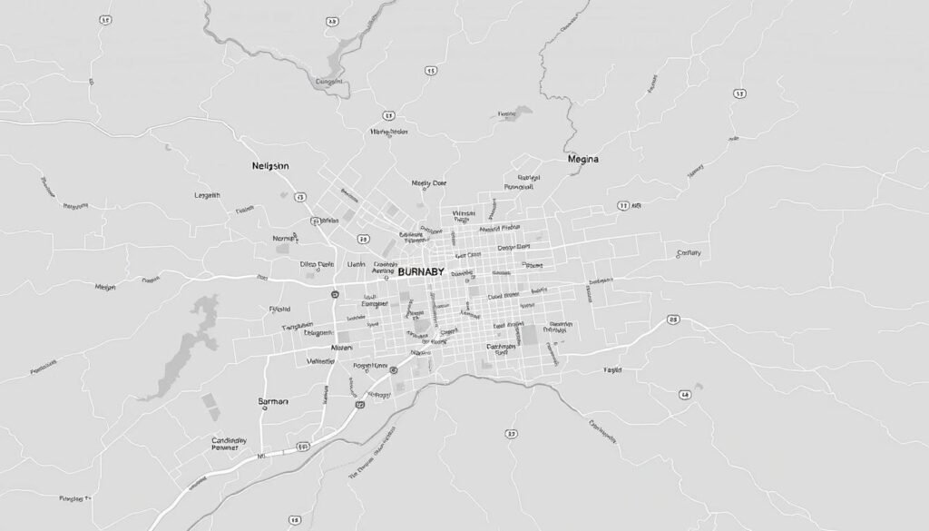 A detailed topographical map depicting the comprehensive coverage area of the Burnaby Towing Service. The map is rendered in a high-contrast, minimalist style with crisp lines and muted colors. Major roads, landmarks, and neighborhood boundaries are clearly delineated, allowing viewers to easily identify the various regions serviced by the towing company. The map is illuminated by soft, even lighting, creating a sense of clarity and authority. The perspective is an elevated birds-eye view, giving the impression of a well-organized, thorough coverage area. The overall mood is professional, informative, and reassuring, conveying the reliable service the towing company provides to the Burnaby community.