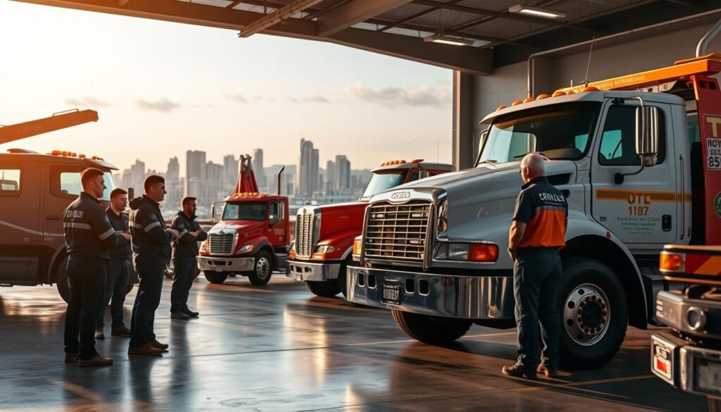 A group of professional tow truck operators in Coquitlam, British Columbia, undergo rigorous training in a well-equipped facility. The foreground depicts the trainees, attentively studying vehicle recovery techniques under the watchful eye of experienced instructors. The middle ground showcases the latest tow trucks and specialized equipment, reflecting the company's commitment to utilizing the best tools for the job. The background features the Coquitlam skyline, hinting at the local community that the towing professionals serve. Warm, natural lighting illuminates the scene, conveying a sense of professionalism and dedication. The overall atmosphere exudes a commitment to excellence, with the trainees demonstrating their expertise and preparedness to provide reliable, high-quality towing services.