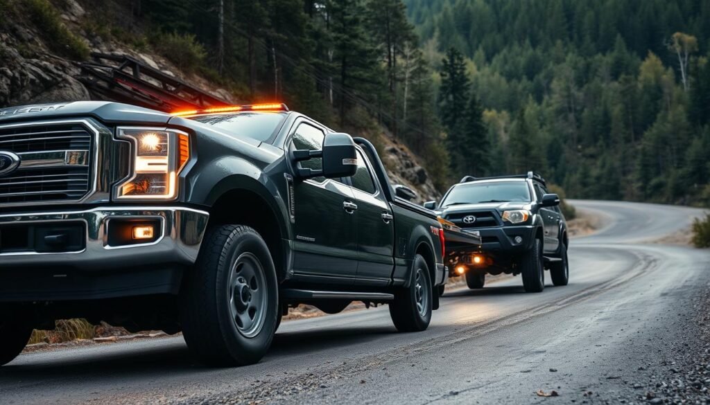 A heavily loaded pickup truck with a flatbed towing attachment in the foreground, towing a mid-sized vehicle on a winding country road. The pickup's headlights illuminate the scene, casting a warm glow over the rugged terrain. In the middle ground, a lush forest backdrop frames the towing setup, creating a sense of scale and depth. The image is captured from a low angle, emphasizing the power and capability of the pickup as it effortlessly handles the heavy load. The overall mood is one of strength, reliability, and the practical advantages of using a pickup truck for towing tasks.