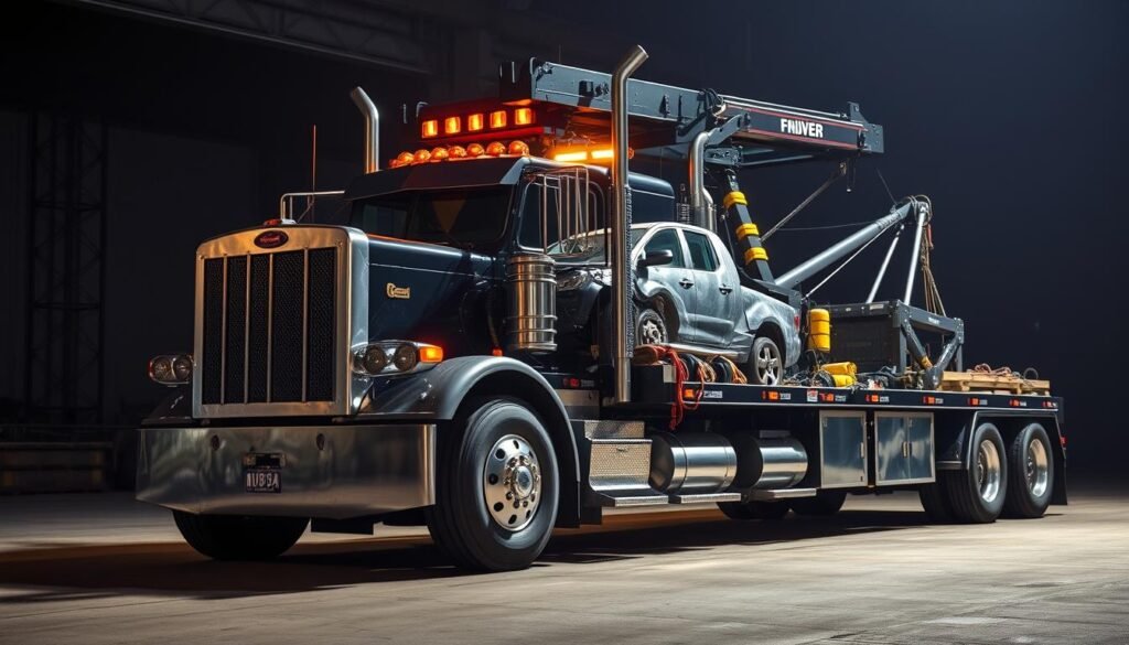 A heavy-duty 100-ton rotator tow truck stands imposingly in the foreground, its massive chrome grill and powerful hydraulic boom conveying the weight of its capacity. In the middle ground, a breakdown vehicle rests on the truck's sturdy flatbed, surrounded by various accessories and tools - chains, straps, and specialized equipment necessary for the complex recovery operation. The background fades into a dimly lit industrial setting, with the truck's powerful lighting illuminating the scene and casting dramatic shadows. The overall mood is one of strength, capability, and the specialized expertise required to handle the additional costs and challenges of heavy-duty towing.