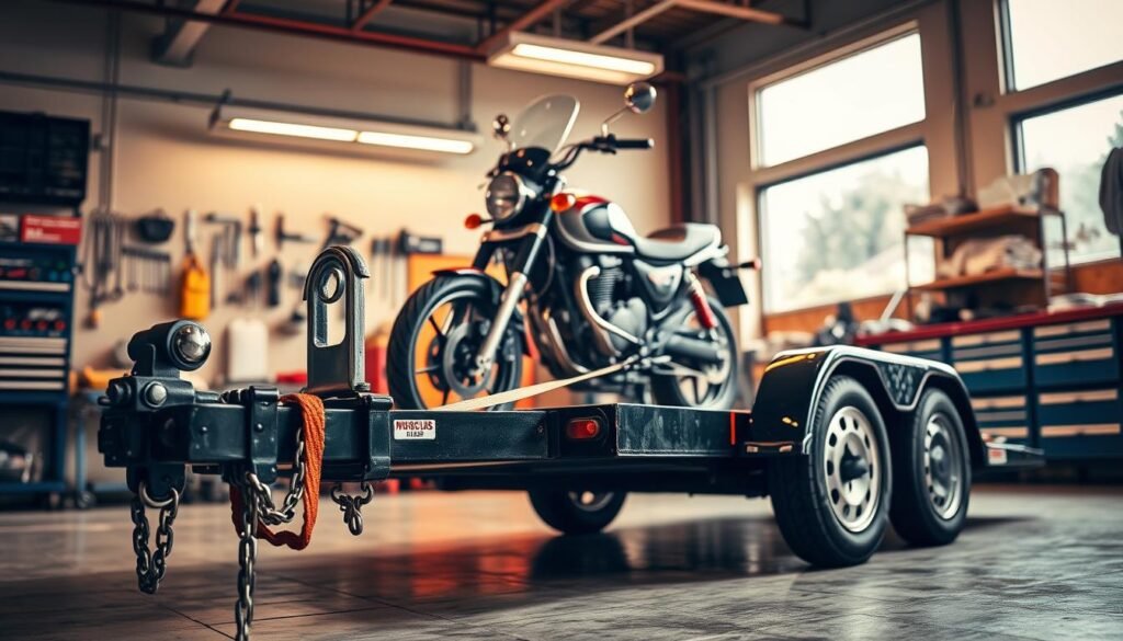 A heavy-duty motorcycle towing rig standing in a well-lit workshop in Burnaby, British Columbia. The foreground features the towing equipment in vivid detail - a sturdy metal hitch, thick straps, and heavy-duty wheels. The middle ground showcases the motorcycle securely fastened onto the trailer, ready for safe transport. The background depicts the workshop setting with neatly organized tools, shelves, and a clean, industrial aesthetic. The scene is bathed in warm, directional lighting that accentuates the texture and form of the towing equipment, conveying a sense of professionalism and reliability for motorcycle towing services in Burnaby.