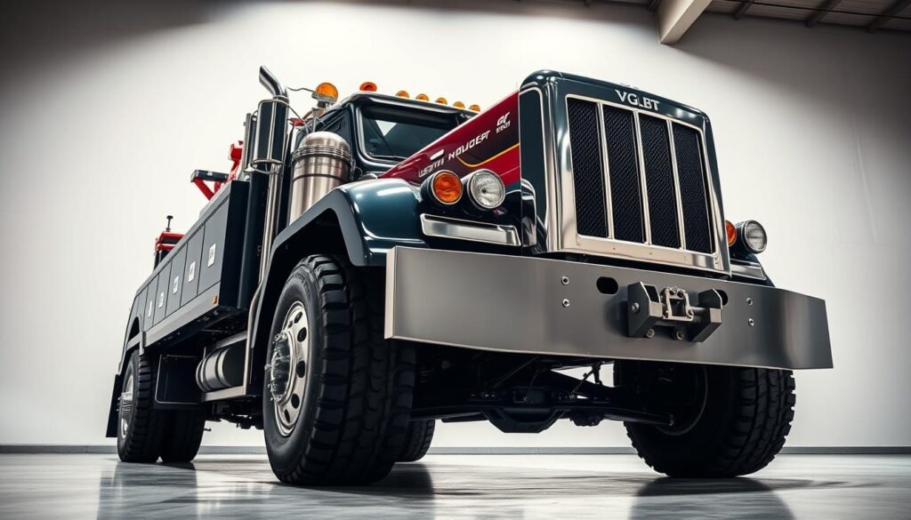 A heavy-duty tow truck in a well-lit industrial setting, photographed from a low angle to emphasize its towering presence. The truck's powerful chassis, reinforced suspension, and hydraulic lift system are clearly visible, showcasing its robust construction and heavy-duty capabilities. The truck's front-mounted boom and sturdy winch system are prominently featured, with intricate details of the various controls and mechanisms. The background features a clean, uncluttered space, allowing the tow truck to be the focal point, conveying a sense of strength, reliability, and purpose-built design.