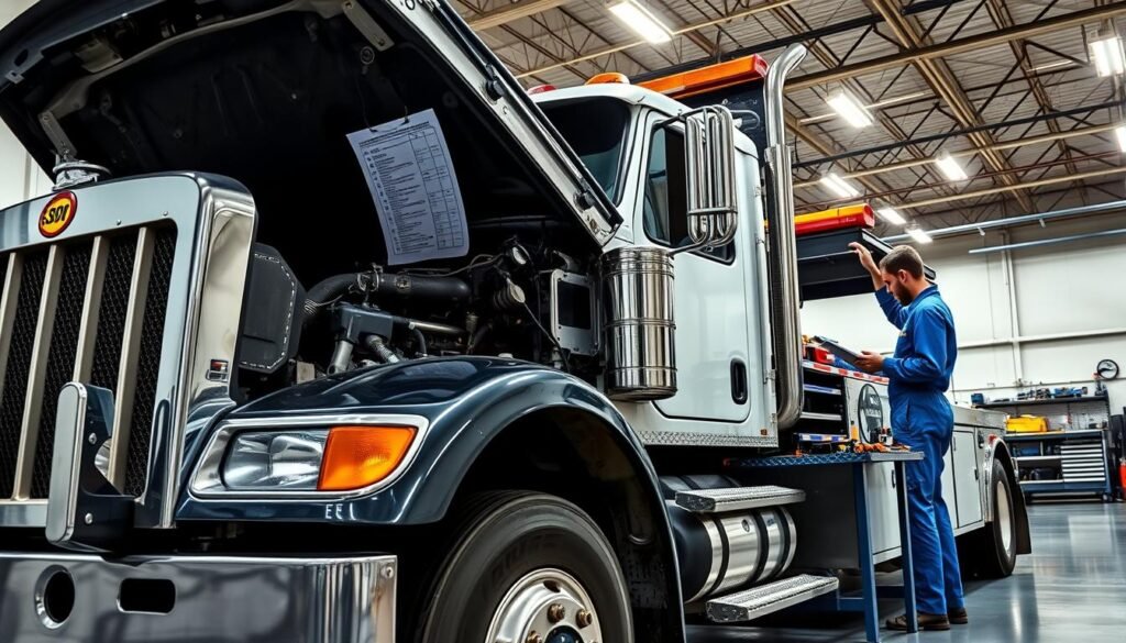 A heavy-duty tow truck parked in a well-lit garage, its engine hood open, revealing a detailed mechanical checklist. The foreground shows the truck's powerful chassis and grill, with a technician in a blue jumpsuit leaning over the engine, clipboard in hand. In the middle ground, various tools and equipment are neatly organized on a workbench, while the background depicts the clean, orderly interior of the maintenance facility, with high ceilings and bright overhead lighting. The scene conveys a sense of professionalism, attention to detail, and the importance of thorough inspection and maintenance for these essential heavy-duty vehicles.