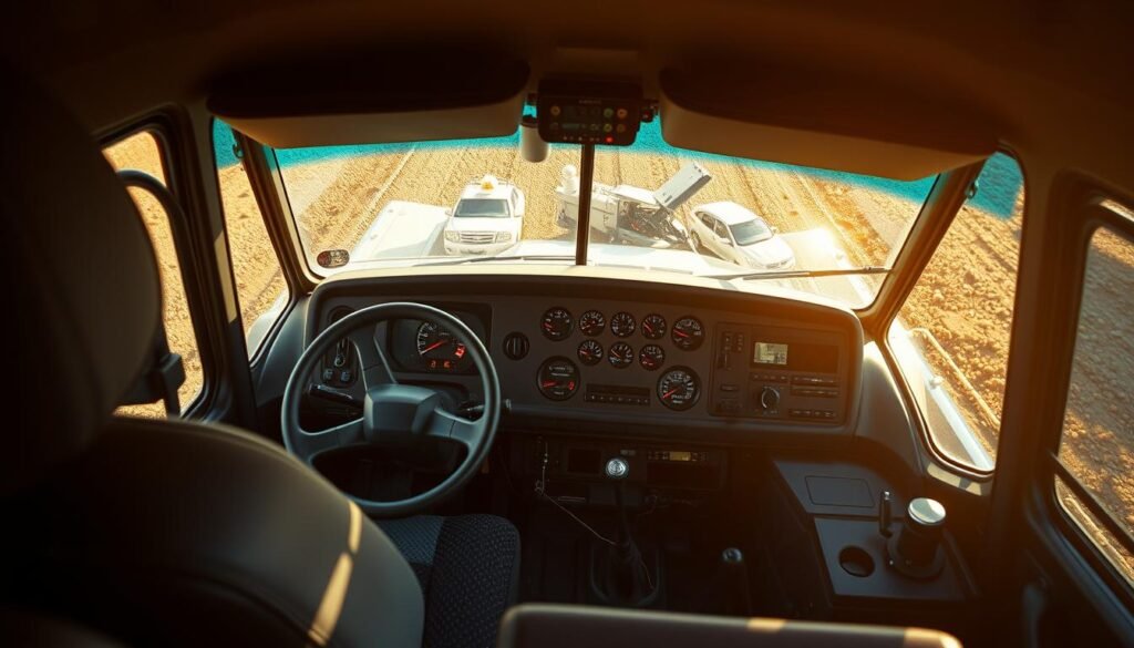 A high-angle shot of a heavy-duty tow truck's interior, featuring a prominent dashboard with various indicators and controls. Sunlight filters through the windshield, casting a warm glow over the scene. The driver's seat is empty, emphasizing the importance of the vehicle's insurance coverage. The background is slightly blurred, drawing the viewer's attention to the central focus of the image - the dashboard and its intricate details, representing the comprehensive insurance policy that covers the tow truck's operations.