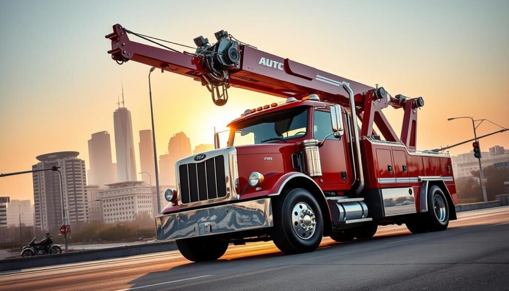 A high-angle view of a modern heavy-duty tow truck against a cityscape backdrop. The truck, a 50-ton rotator model, is prominently featured in the foreground, its powerful hydraulic boom system and intricate details rendered in photorealistic clarity. The truck's vibrant color scheme and sleek design convey a sense of technological sophistication. In the middle ground, a mix of commercial buildings, skyscrapers, and traffic signals set the urban context. The background is hazy, with a warm, golden sunset lighting the scene, creating a sense of tranquility and an air of professionalism. The overall composition emphasizes the scale, capability, and prominence of the heavy-duty tow truck as the central focus.