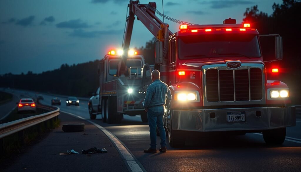 A large, powerful tow truck with flashing emergency lights attends to a stranded vehicle on the side of a busy highway. The truck's boom is extended, ready to lift and secure the disabled car. In the foreground, a concerned driver stands watching, surrounded by scattered debris and a damaged bumper. The scene is illuminated by the truck's bright headlights and the fading daylight, creating a sense of urgency and the need for specialized heavy-duty towing services. The composition emphasizes the size and capability of the tow truck, underscoring the inadequacy of standard light-duty towing for this type of situation.