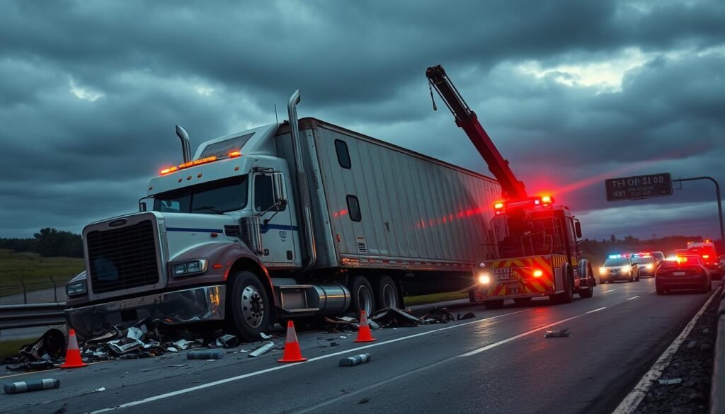 A large semi-truck or tractor-trailer has been involved in a serious accident, its trailer toppled on its side blocking the highway. In the foreground, an emergency heavy-duty tow truck with a powerful winch and boom arm is positioned, ready to carefully lift and recover the damaged vehicle. Debris and emergency flares are scattered around the scene, illuminated by the flashing lights of police cars and ambulances in the background. The sky is dark and overcast, conveying a sense of urgency and the need for swift, professional response. The composition emphasizes the scale and complexity of the situation, requiring specialized equipment and expertise to safely clear the road.