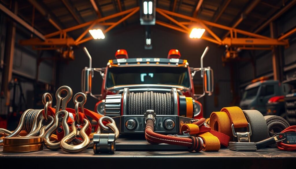 A meticulously detailed, high-resolution image of heavy-duty tow truck accessories, captured in a warm, industrial lighting setup. The foreground features an array of chrome-plated tow hooks, winches, and recovery straps, their surfaces reflecting the warm glow of overhead lamps. In the middle ground, a sturdy tow hitch and control panel are clearly visible, showcasing the technical complexity of these specialized tools. The background depicts a dimly lit garage setting, with the shadows of overhead cranes and the faint outlines of other towing equipment contributing to the sense of scale and functionality. The overall atmosphere conveys the rugged reliability and essential role of these accessories in the world of heavy-duty towing and recovery operations.