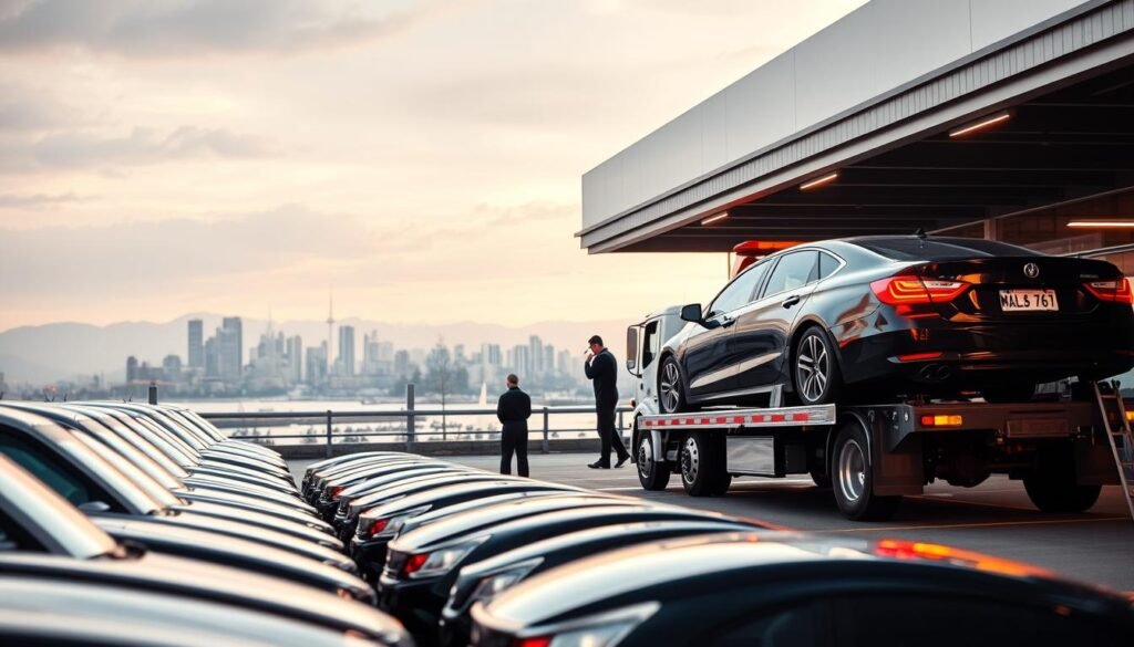 A modern, well-equipped impound service facility in the heart of Vancouver. In the foreground, a row of neatly parked vehicles, each awaiting their owners to retrieve them. In the middle ground, a team of professional tow truck operators carefully loading a car onto their sturdy flatbed. The background features the distinctive skyline of Vancouver, with the iconic mountains and waterfront providing a scenic backdrop. Soft, warm lighting illuminates the scene, creating a welcoming atmosphere. The overall impression is one of efficiency, reliability, and a commitment to providing a high-quality towing and impound service to the residents of this vibrant city.