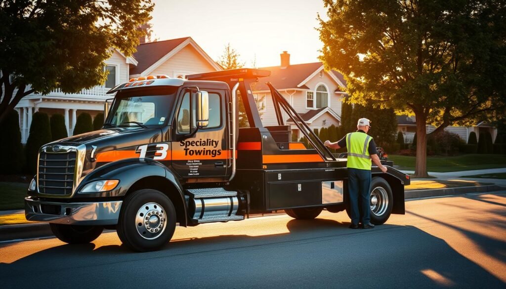 A modern, well-equipped tow truck with a prominent "Specialty Towing Services" logo on its side is parked on a residential street in Coquitlam. The truck is bathed in warm, golden afternoon sunlight, casting long shadows on the pavement. In the background, neatly trimmed trees and well-maintained homes create a picturesque suburban setting. The tow truck's operator, wearing a reflective safety vest, is seen assisting a stranded motorist, highlighting the professional and courteous service offered by this local specialty towing company.