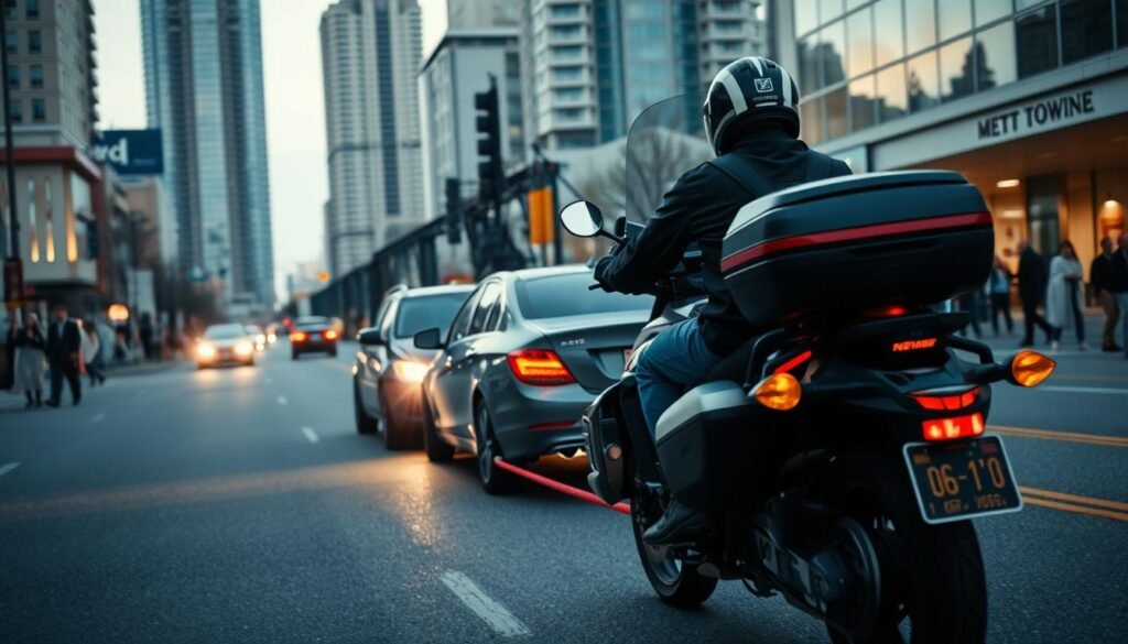A motorcycle towing a disabled vehicle on the streets of Burnaby, British Columbia. The scene is captured in a realistic, cinematic style, with the motorcycle in the foreground, its driver carefully navigating the tow. The middle ground features the disabled vehicle, its hazard lights blinking as it's being pulled. In the background, the bustling streets of Burnaby's Metrotown district are visible, with buildings, pedestrians, and other traffic. The lighting is natural, with soft shadows and highlights that convey a sense of late afternoon. The overall mood is one of practical necessity, with a touch of urban grit, as the towing service performs its essential task.