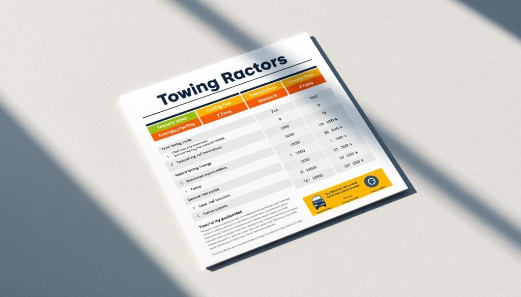 A neatly organized pricing guide for towing factors, presented on a sleek, textured surface with soft, indirect lighting casting subtle shadows. The guide features clean typography, color-coded sections, and intuitive infographics illustrating the key variables that influence towing fees, such as distance, vehicle type, time of day, and emergency status. The overall design conveys a sense of professionalism, clarity, and attention to detail, making it a valuable resource for drivers seeking to understand the costs associated with towing services in the local area.