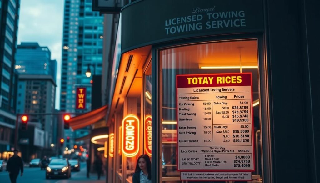 A neon-lit storefront displaying the pricing models of a licensed towing service in downtown Vancouver. The storefront is illuminated with warm, inviting lights, casting a soft glow on the detailed pricing information displayed in the window. The pricing is presented in a clear, organized manner, highlighting different towing options and associated costs. The background features the bustling streets of Vancouver, with the iconic architecture and towering skyscrapers creating a dynamic urban landscape. The overall scene conveys a sense of professionalism, transparency, and the efficient operation of the towing service.