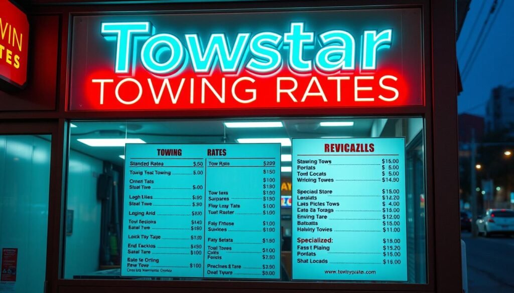 A neon-lit storefront on a bustling street in New Westminster, 2025. The window display showcases a bold sign with the title "Towstar Towing Rates" against a sleek, modern backdrop. The interior is well-lit, revealing a detailed price list for various towing services, including standard rates, long-distance tows, and specialized options. The scene conveys a sense of professionalism and transparency, inviting drivers to easily understand the costs associated with towing in the area. The overall atmosphere is one of a thriving, forward-thinking towing business catering to the needs of the local community.