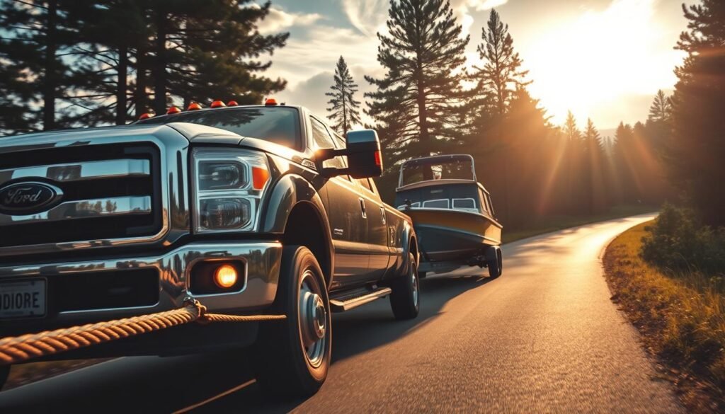 A rugged pickup truck, its chrome grille and tow hitch gleaming, is carefully maneuvering a boat down a winding country road. In the foreground, the tow strap is taut, securing the boat's trailer as the truck's powerful engine rumbles. Tall pine trees line the road, casting gentle shadows across the scene. The sun filters through wispy clouds, bathing the entire tableau in a warm, golden light. The truck's headlights are on, illuminating the path ahead and creating a sense of safe, reliable roadside assistance. The atmosphere is one of capable, dependable transportation, ready to handle any towing challenge with ease.