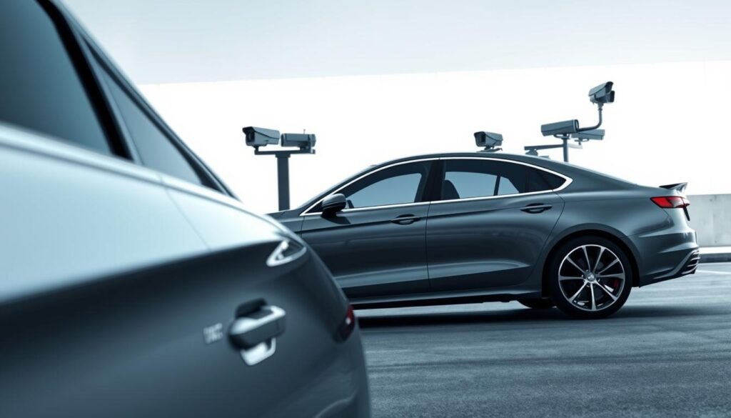A sleek, modern car with an array of high-tech security features. In the foreground, a close-up view of the vehicle's keyless entry system, with LED lights and a digital display. In the middle ground, the car's exterior showcases advanced sensors and cameras, monitoring the surroundings with a vigilant gaze. The background depicts a minimalist urban landscape, highlighting the technological advancements that have transformed the way we secure our vehicles. The lighting is crisp and clean, accentuating the smooth lines and sharp edges of the car's design. The overall mood is one of sophistication, efficiency, and the seamless integration of technology into everyday transportation.