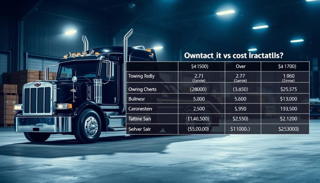 A sleek, modern commercial tow truck stands in the foreground, its chrome detailing gleaming under bright, directional lighting. In the middle ground, a side-by-side comparison chart displays the costs of owning versus contracting a heavy-duty tow truck, with clearly delineated columns and rows. The background features a dimly lit warehouse setting, conveying the professional, industrial nature of the towing business. The overall scene strikes a balance between technical precision and visual appeal, inviting the viewer to study the cost analysis in detail.
