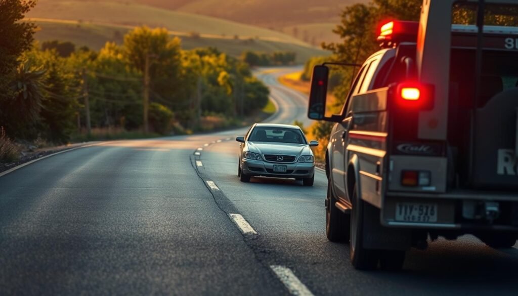 A stranded vehicle on the side of a winding country road, its hazard lights blinking. In the foreground, a tow truck with its emergency lights flashing, the driver rushing to assist. The scene is bathed in the warm glow of the setting sun, casting long shadows across the asphalt. The middle ground features a well-maintained but aging sedan, its engine seemingly stalled. In the background, lush green foliage and rolling hills create a serene, rural backdrop. The overall mood is one of urgency and concern, but also a sense of reassurance that help is on the way.