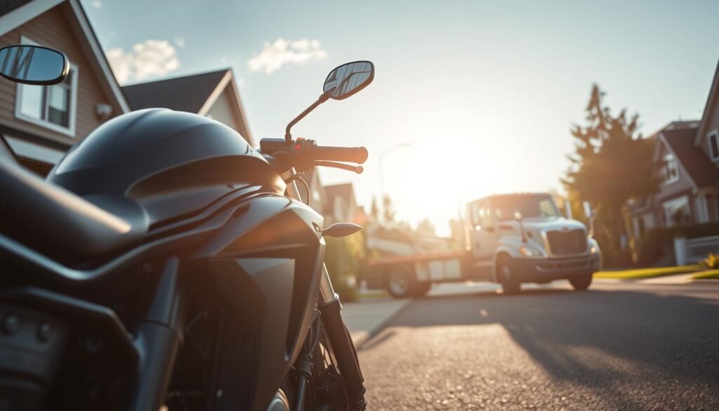 A sunny afternoon in Burnaby, British Columbia. A sleek motorcycle gleams in the foreground, surrounded by a well-kept residential neighborhood. In the middle ground, a reputable towing truck waits, its driver ready to lend a helping hand. The scene exudes professionalism and reliability, capturing the essence of a positive customer experience. Soft, diffused lighting illuminates the details, showcasing the motorcycle's smooth lines and the towing truck's sturdy build. The composition is balanced, drawing the viewer's eye towards the focal point - the satisfied customer and their trusted towing service provider.