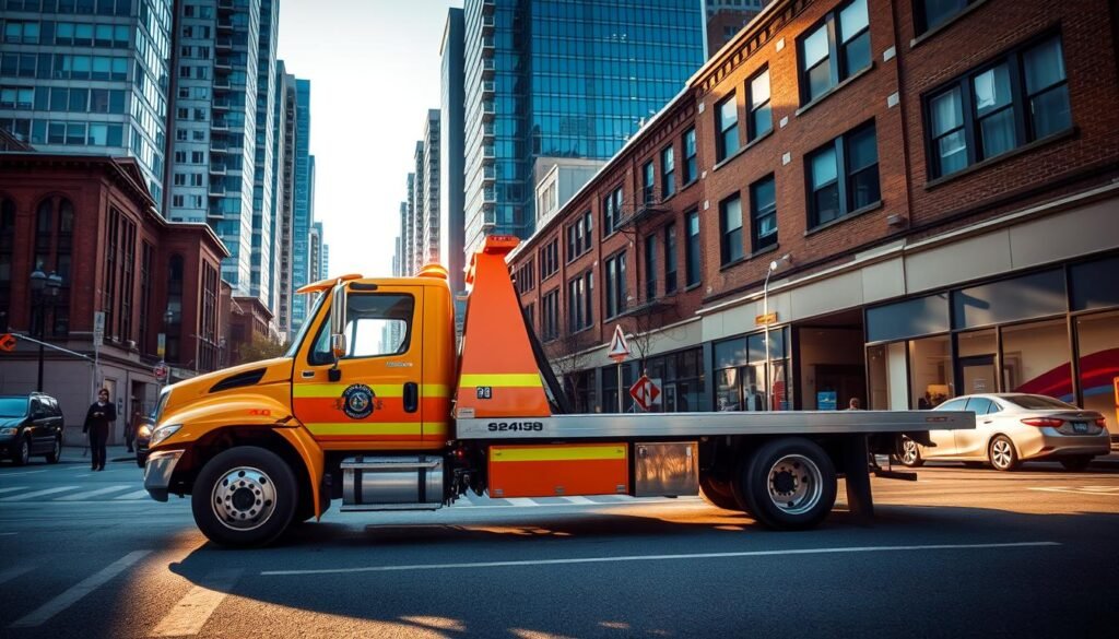 A tow truck parked on a city street in Vancouver, British Columbia, Canada. The vehicle is a contemporary flatbed model with a bright yellow and orange color scheme, its emergency lights flashing. In the middle ground, pedestrians and other vehicles are visible, creating a sense of urban activity. The background features a mix of modern high-rise buildings and older, brick-fronted structures, conveying the character of the local neighborhood. The scene is illuminated by warm, natural lighting, casting long shadows across the pavement. The overall mood is one of urgency and safety, reflecting the needs of those awaiting towing services.