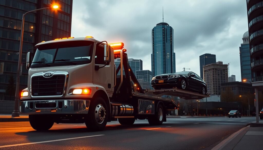 A tow truck parked on a dimly lit street in downtown Vancouver, its yellow beacon casting a warm glow on the surrounding buildings. The truck's cab is in the foreground, its chrome grille and headlights gleaming under the city's streetlamps. In the middle ground, the truck's hydraulic lift platform is raised, ready to securely load a disabled vehicle. The background features the iconic skyline of Vancouver, with the towering glass and steel of the city's high-rises silhouetted against a moody, overcast sky. The overall atmosphere is one of efficiency and dependability, conveying the reliable service a local towing company can provide.