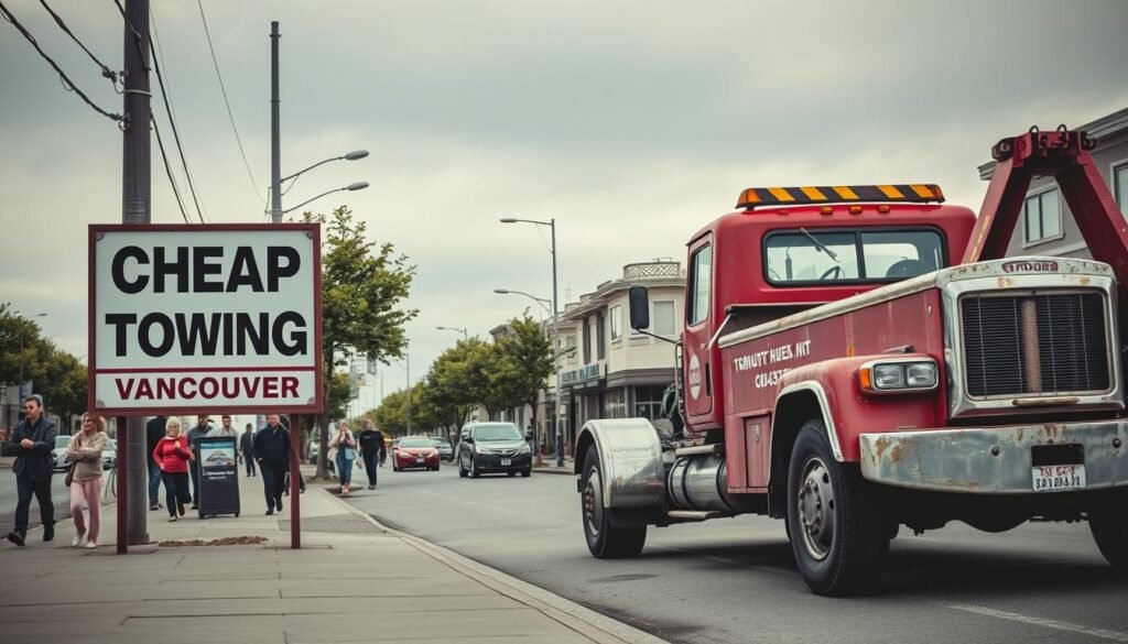 A tow truck parked on a nondescript street in Vancouver, its bold red paint and chrome trim contrasting against the muted greys and greens of the urban landscape. The vehicle appears weathered, hinting at its frequent use, but well-maintained. In the foreground, a signboard advertises "Cheap Towing Vancouver" in a bold, no-frills typeface, conveying a sense of straightforward, affordable service. The middle ground features a pedestrian-filled sidewalk, with people going about their daily routines, oblivious to the tow truck's presence. In the background, a row of modest commercial buildings and the occasional tree-lined street add depth and context to the scene, capturing the essence of a typical Vancouver neighborhood. Soft, diffused lighting casts a warm, natural glow over the entire composition, evoking a sense of approachability and accessibility.