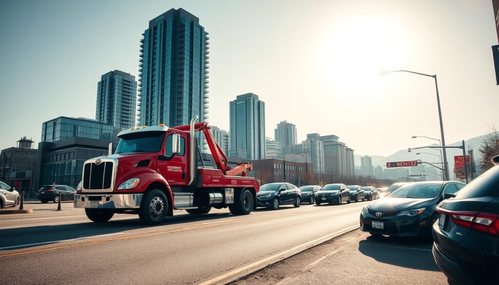 A visually striking cityscape of Vancouver's bustling streets, with a prominent tow truck prominently displayed in the foreground. The truck's glossy paint reflects the bright sunlight, its imposing presence commanding attention. In the middle ground, a series of automobiles line the curb, some awaiting the tow truck's services. The background features the iconic skyline of downtown Vancouver, its towering glass and steel structures casting long shadows across the scene. The overall composition conveys a sense of urban efficiency and the essential role of towing services in the smooth operation of the city. Soft, diffused lighting creates a warm, realistic atmosphere, while a slight wide-angle lens perspective emphasizes the scale and scope of the scene.