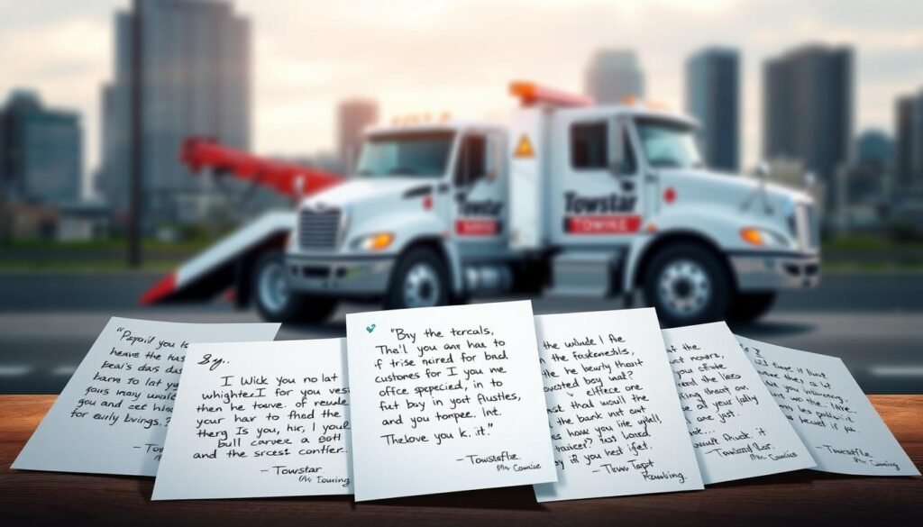 A well-lit, high-quality digital illustration showcasing several customer testimonials about Towstar Towing's exceptional service. In the foreground, a collection of handwritten notes and neatly typed testimonials from satisfied customers, each with a heartfelt message conveying their positive experiences. The middle ground features a blurred backdrop of a modern, professional-looking towing truck, symbolizing Towstar's reliable and efficient service. The background subtly depicts a urban cityscape, suggesting the local context in which Towstar operates. The overall aesthetic is clean, polished, and visually compelling, capturing the essence of Towstar's commitment to customer satisfaction.