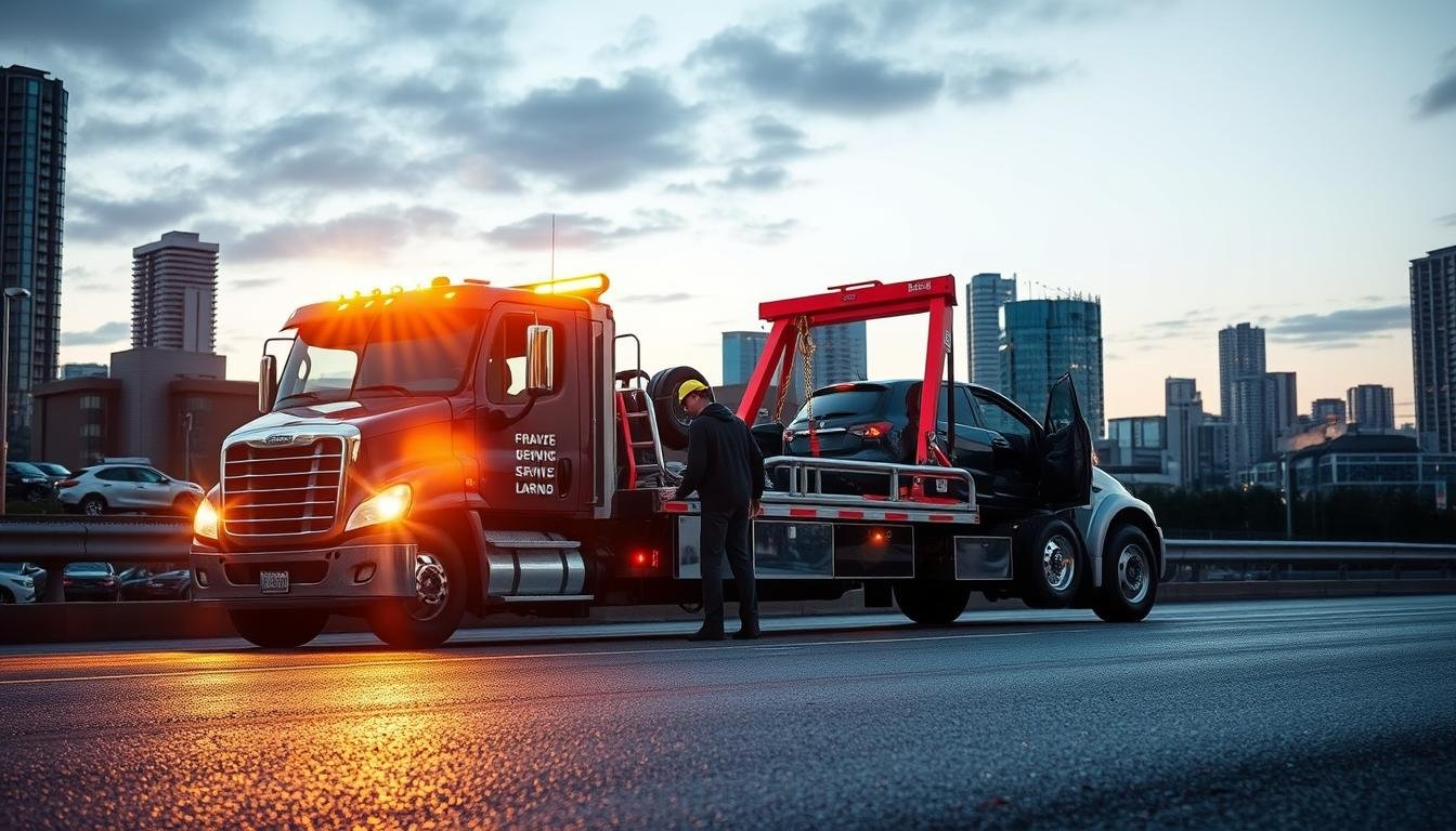 A well-lit, high-resolution photograph of a professional towing service in Burnaby, British Columbia. The foreground features a modern, well-equipped tow truck with its flashing lights illuminating the scene. In the middle ground, the tow truck operator is shown assisting a stranded motorist with their vehicle. The background showcases the bustling cityscape of Burnaby, with skyscrapers and other commercial buildings visible. The overall atmosphere conveys a sense of efficiency, reliability, and professionalism in the towing industry, highlighting the benefits of using a top-rated service.