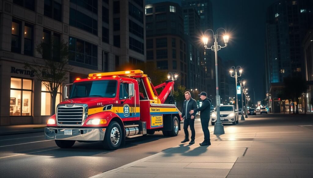 A well-lit urban street in Vancouver, Canada, with a roadside assistance vehicle prominently displayed. The tow truck is a classic heavy-duty model, its bold colors and sturdy design commanding attention. In the foreground, a stranded motorist gratefully accepts the assistance of the friendly, uniformed driver. The middle ground features a clean, well-maintained sidewalk and streetlamps casting a warm, inviting glow. In the background, the distinctive architecture of downtown Vancouver buildings provides a vibrant, metropolitan backdrop. The overall scene conveys a sense of reliability, professionalism, and cost-effective towing solutions available to local drivers.