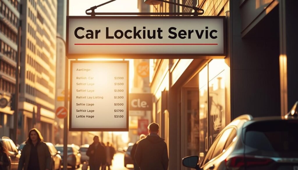 An immaculately detailed storefront sign against a warm, sun-dappled urban backdrop. The sign features a clean, minimalist design showcasing a list of "Car Lockout Service Pricing" options in a clear, legible font. The storefront is set in a busy city street, with pedestrians and vehicles passing by in the foreground. The lighting is soft and natural, casting subtle shadows and highlights that lend depth and dimensionality to the scene. The overall mood is one of professionalism, approachability, and practicality - reflecting the reliable, affordable car lockout services on offer.