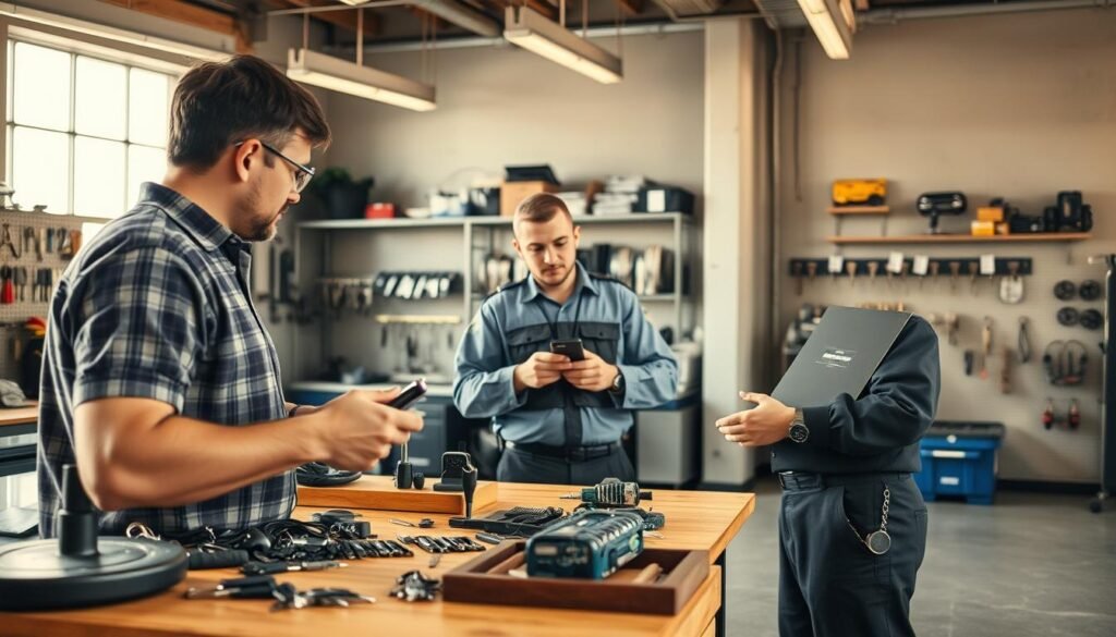 Choosing Automotive Locksmith Service A well-lit, modern auto repair garage interior. In the foreground, a customer examines a variety of car locksmith tools and equipment displayed on a wooden workbench. The middle ground features an experienced, uniformed locksmith demonstrating the process of key duplication for the customer. In the background, shelves stocked with spare car keys and locksmithing accessories create a sense of expertise and professionalism. Warm, natural lighting from large windows casts a pleasant glow over the scene, conveying a sense of trust and competence in the car lockout service offered.