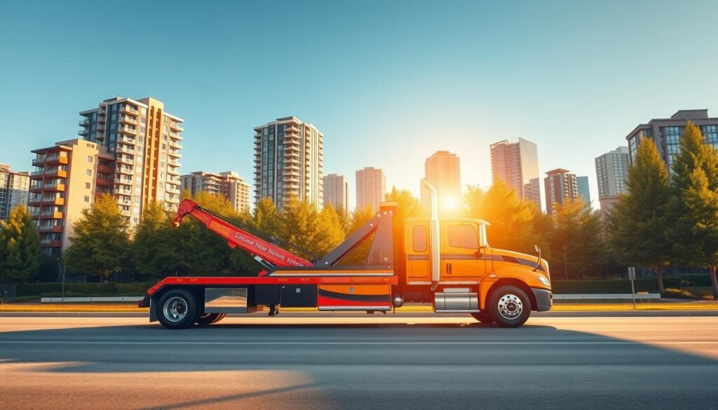 Coquitlam cityscape with modern residential and commercial buildings, lush greenery, and a prominent towing service vehicle in the foreground. The towing truck is prominently displayed, its bold colors and sleek design capturing the viewer's attention. The scene is bathed in warm, golden light, creating a sense of reliability and trustworthiness. The background features a mix of high-rise buildings, lush trees, and a clear, blue sky, conveying a vibrant and thriving urban environment. The overall composition aims to showcase the importance of choosing the right towing service in Coquitlam, one that is reliable, efficient, and responsive to the needs of the local community.
