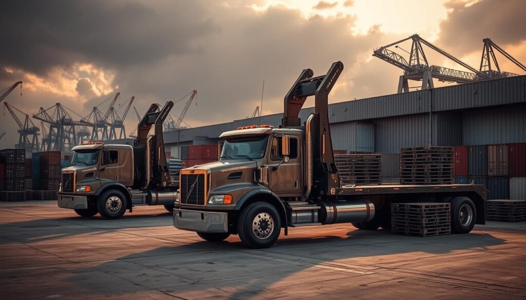 Massive heavy-duty flatbed tow trucks dominate the frame, their robust steel frames and powerful hydraulic arms conveying a sense of raw industrial might. The trucks are parked on a weathered concrete loading dock, surrounded by stacks of specialized cargo containers and pallets. Warm, directional lighting casts dramatic shadows, emphasizing the trucks' rugged, functional design. The background is a moody, industrial landscape of towering warehouses and cranes, hinting at the scale and complexity of freight transport operations. An atmosphere of strength, efficiency, and precision permeates the scene, reflecting the challenges of moving the heaviest loads.