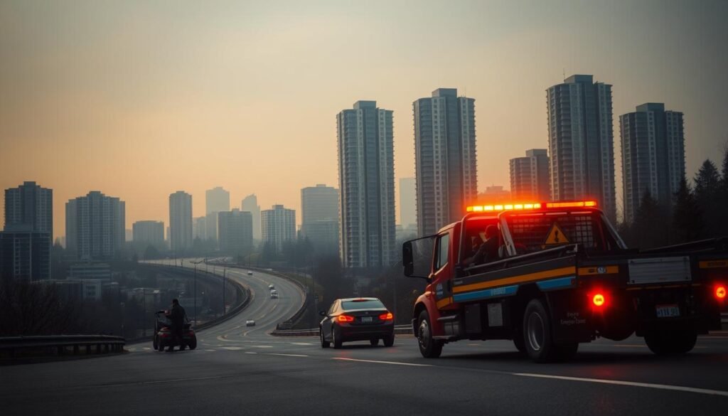 Roadside assistance in Burnaby, a busy urban landscape. In the foreground, a tow truck with its flashing lights illuminates the scene, its driver attending to a stranded vehicle on the side of the road. The middle ground features a winding street lined with towering office buildings and residential high-rises, reflecting the city's bustling commercial and residential areas. The background is dominated by a hazy, overcast sky, creating a sense of atmosphere and setting the tone for the image. The composition emphasizes the critical role of Burnaby towing companies in providing timely and reliable roadside assistance to drivers in need, supporting the city's transportation infrastructure. The lighting is a balanced mix of natural and artificial, creating depth and highlighting the key elements of the scene.