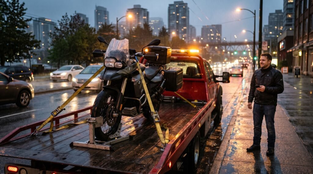 Motorcycle Towing Vancouver With Soft Straps, Wheel Chocks, And Receipts